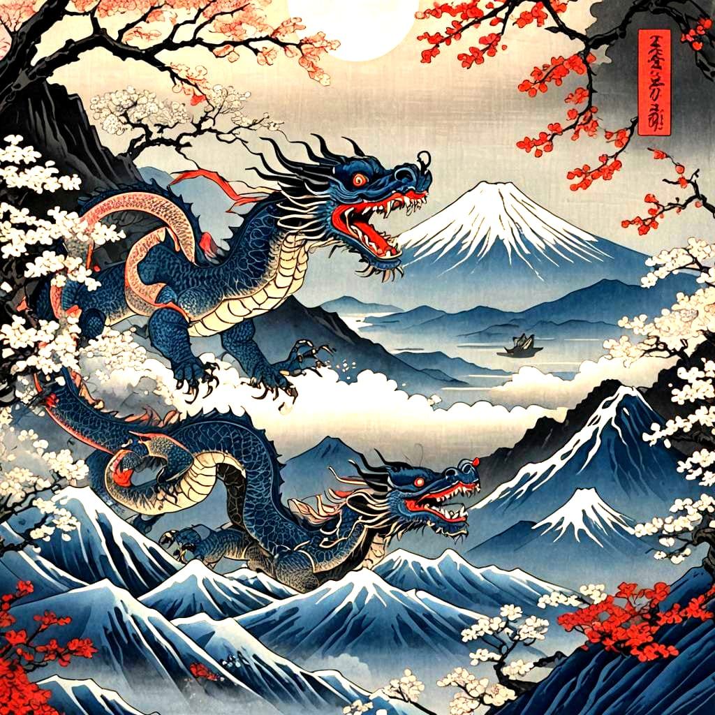 Japanese Dragons Encircling Mt. Fuji in Ukiyo-e Style