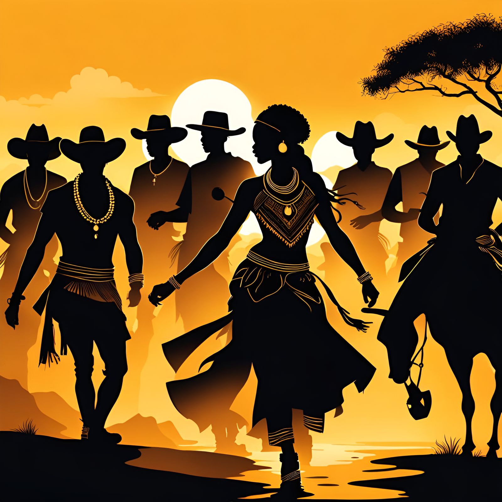 Silhouetted Cowboys and African Dancers at Sunset