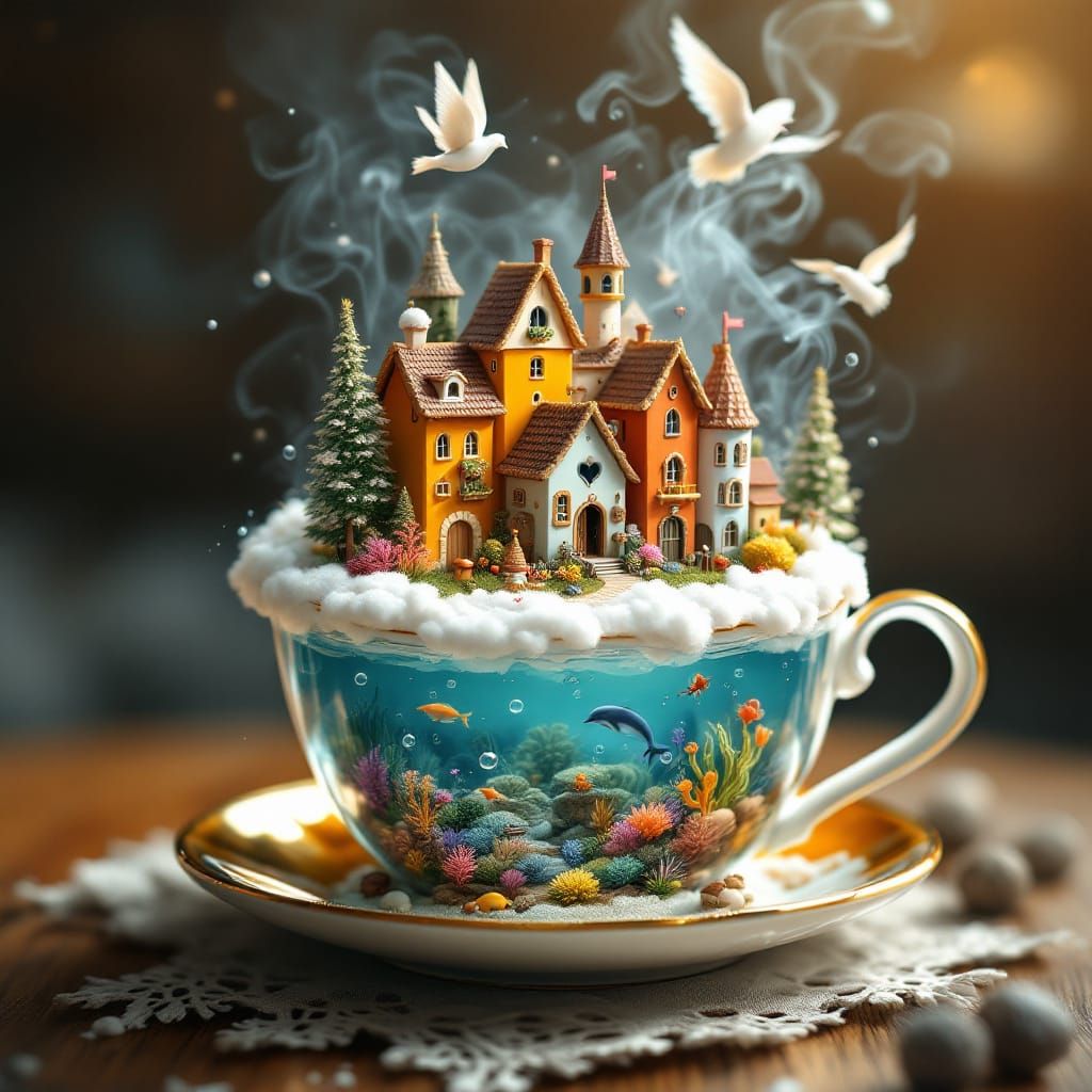 Miniature Fantasy Realm Inside a Teacup