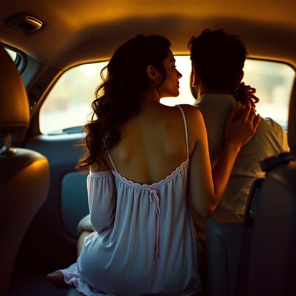Elegant Woman in Car Seat, Cinematic Film Still