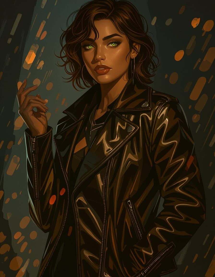 Young Woman With Brown Curly Bob Hair In Leather