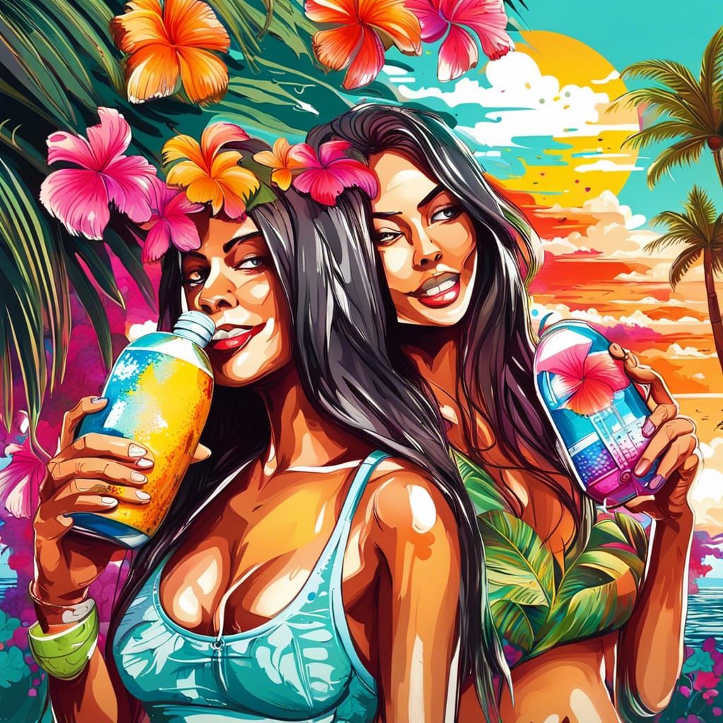 Tropical Hawaiian Beach Scene in Graffiti Art Style
