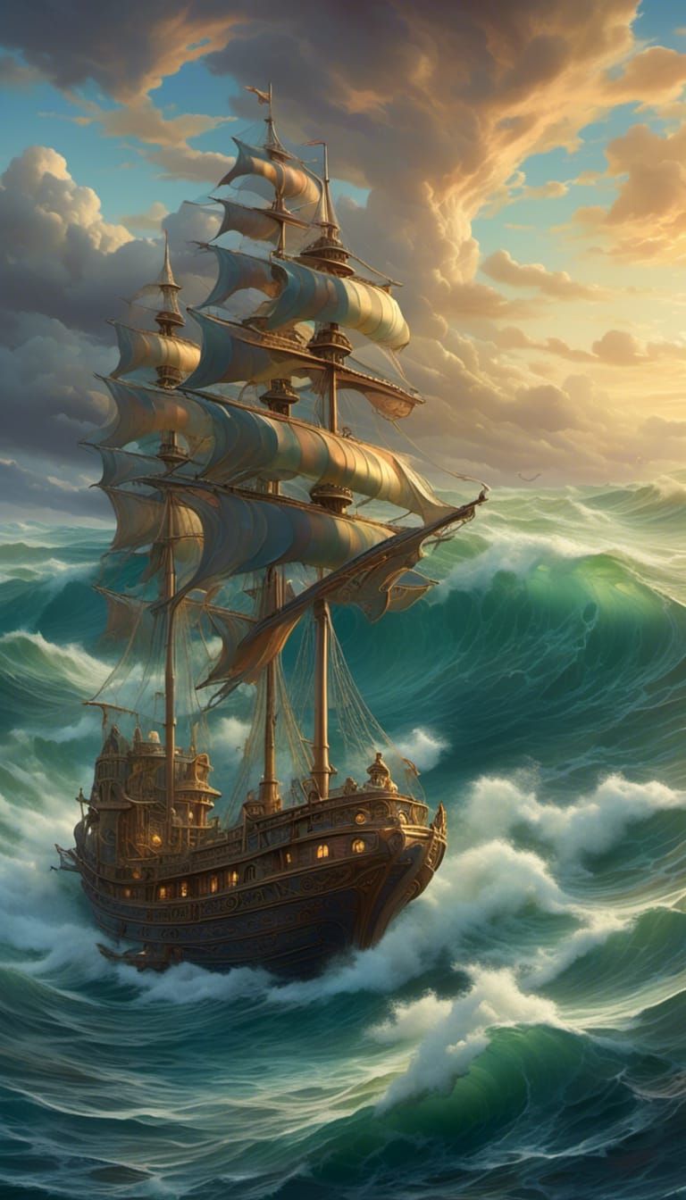 Giant Ship Tossed by Ocean Waves in Nouveau Style