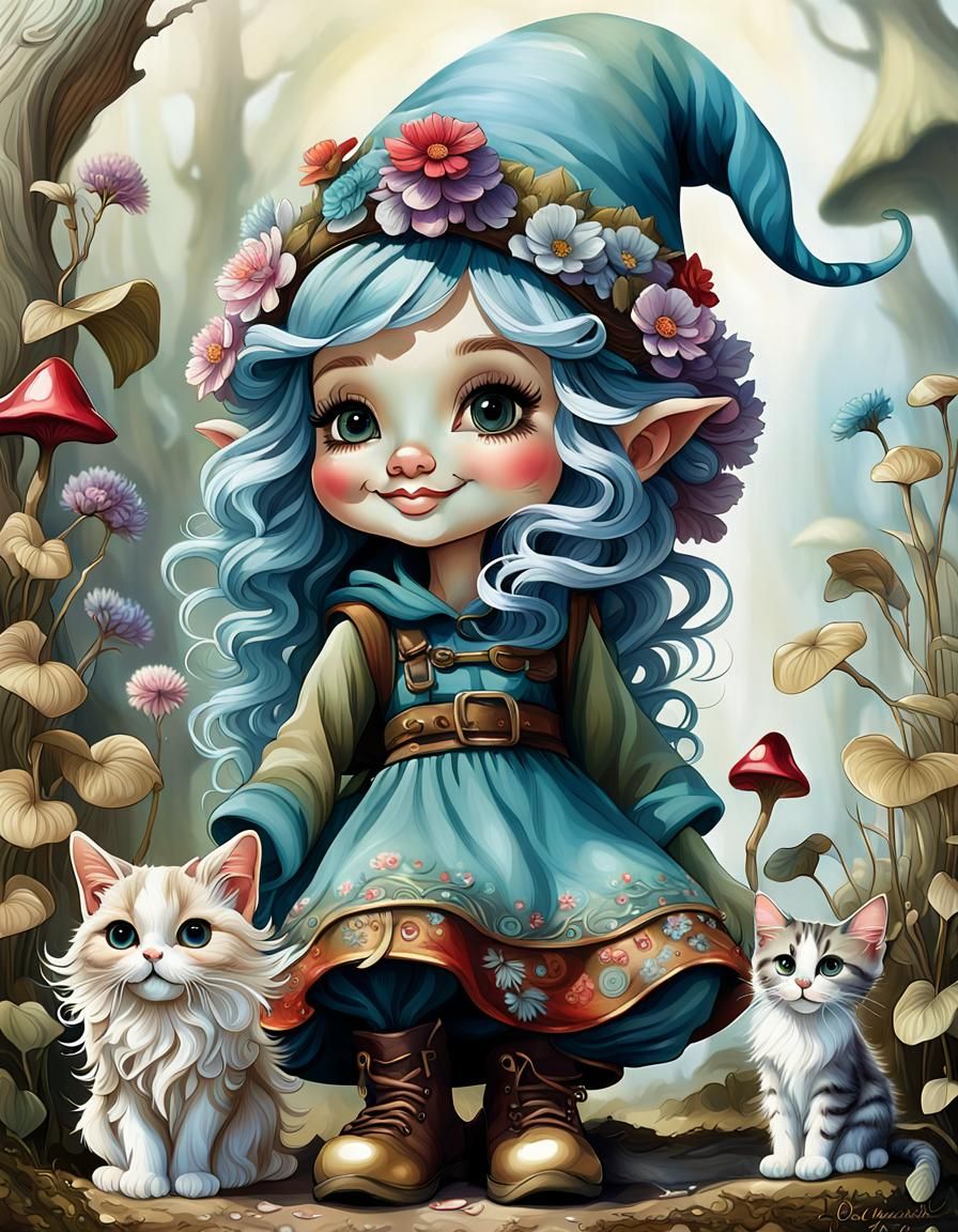 Whimsical Gnome Girl with Kitten in Pop Surrealism Style