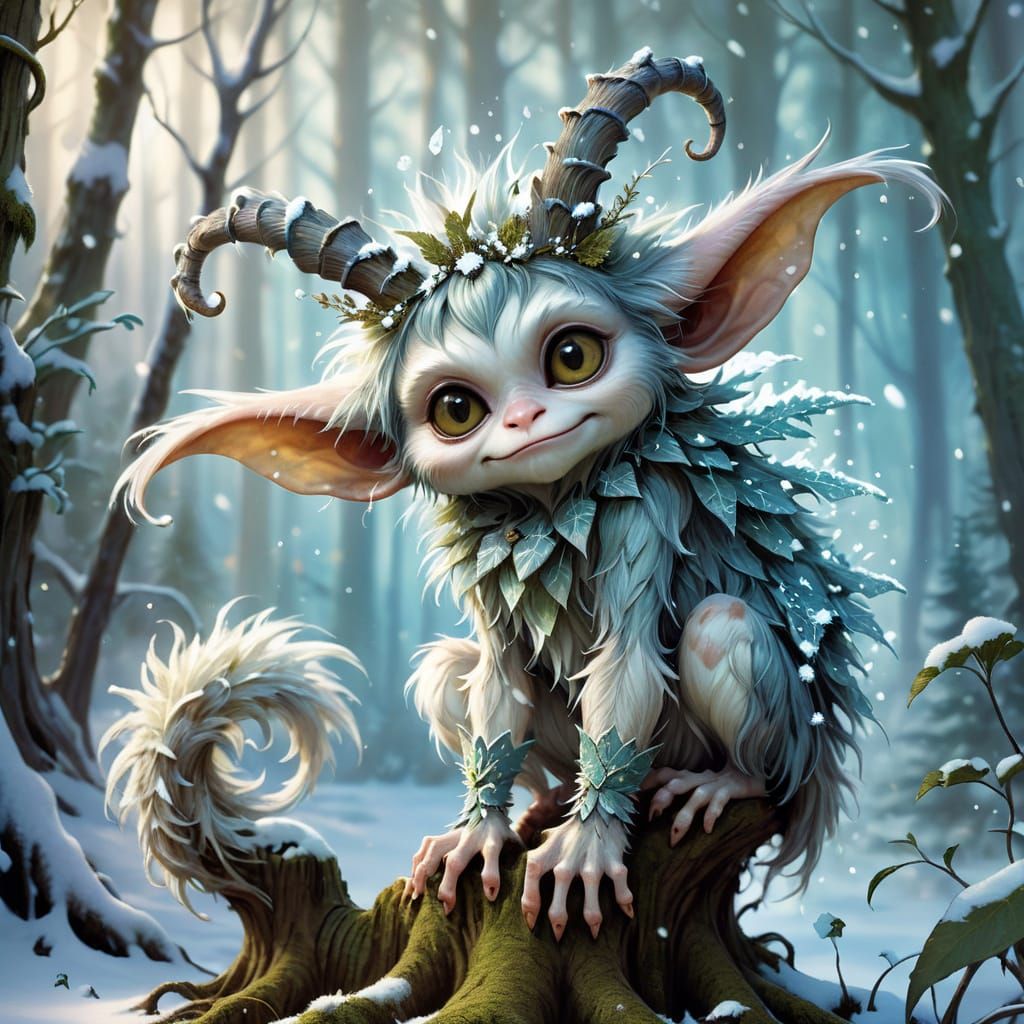Whimsical horned gremlin creature with soft, rounded features and a lush, fluffy tail, resembling a cross between a fawn...