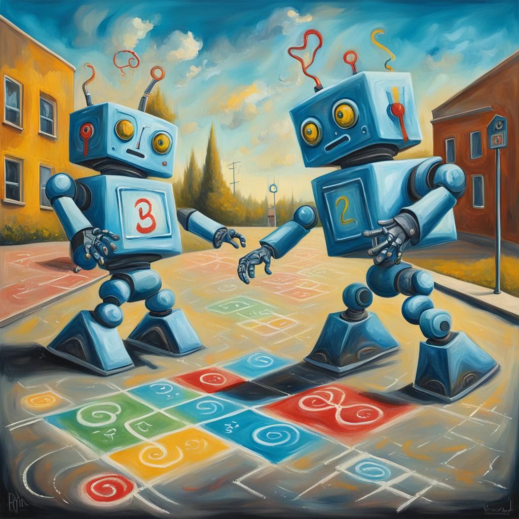 Robots Play Hopscotch: Surreal Oil on Canvas