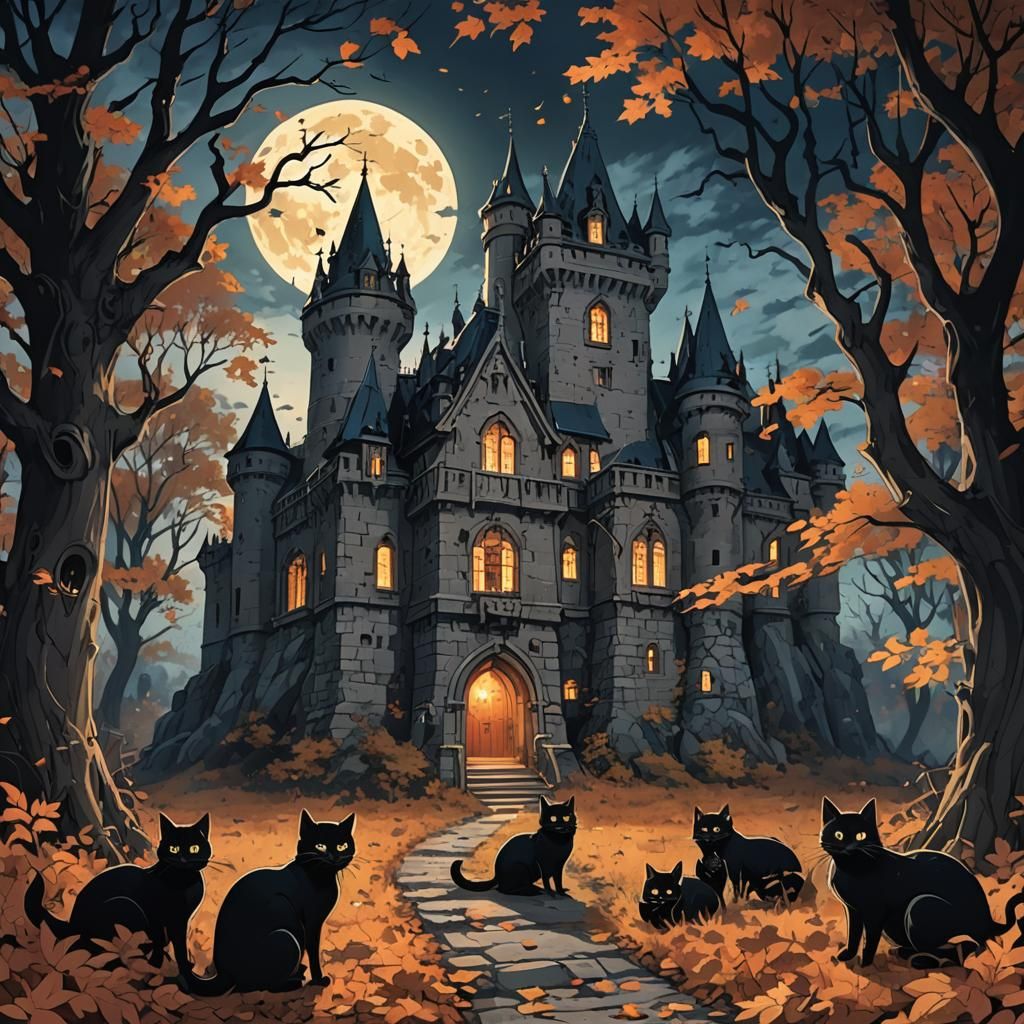 Dark Fantasy Haunted Castle in Autumn Woods