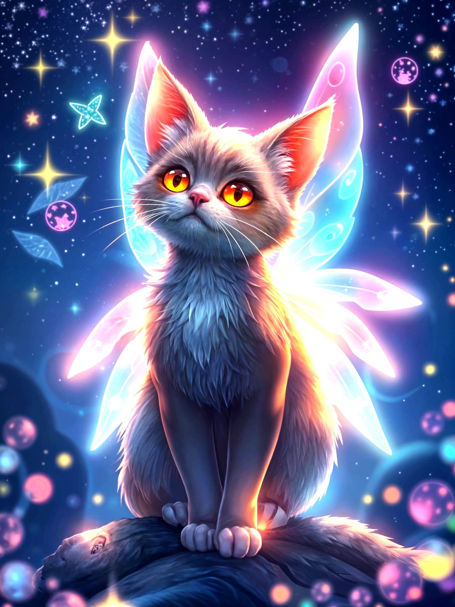 Anime Cat Fairy with Glowing Wings in Colorful World