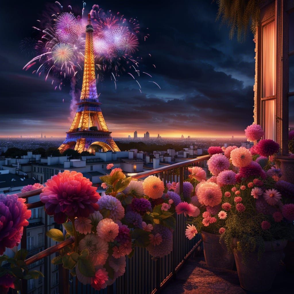 Balcony Flowers with Eiffel Tower Fireworks