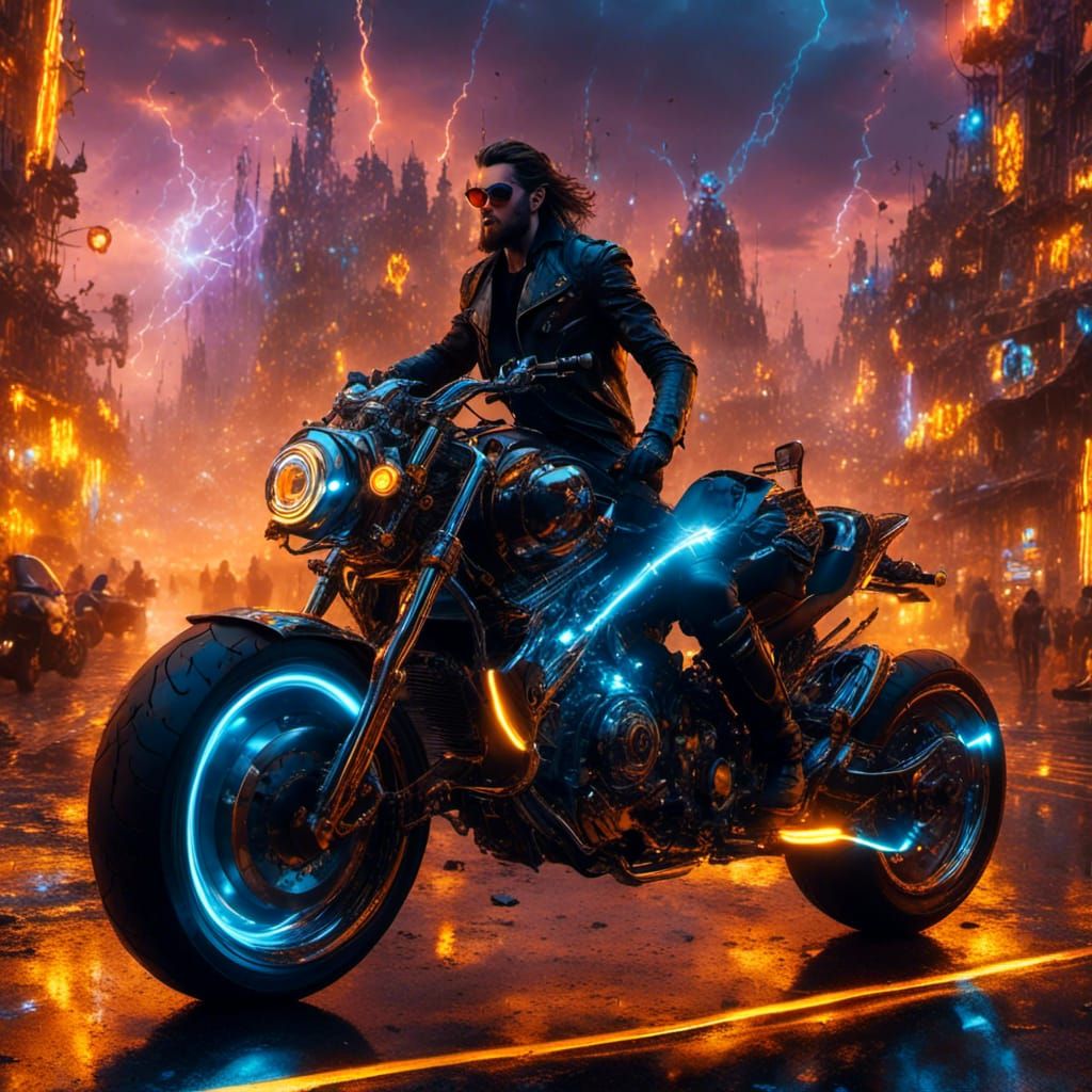 Futuristic One-Eyed Man Rides Cyberpunk Motorcycle