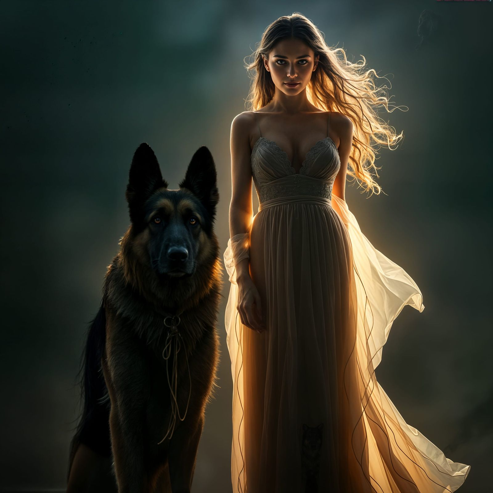 Ethereal Woman and German Shepherd in Moody Landscape