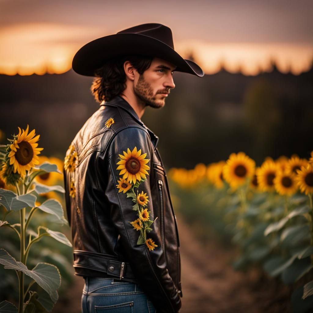 Cowboy in Sunflower Jacket at Sunset