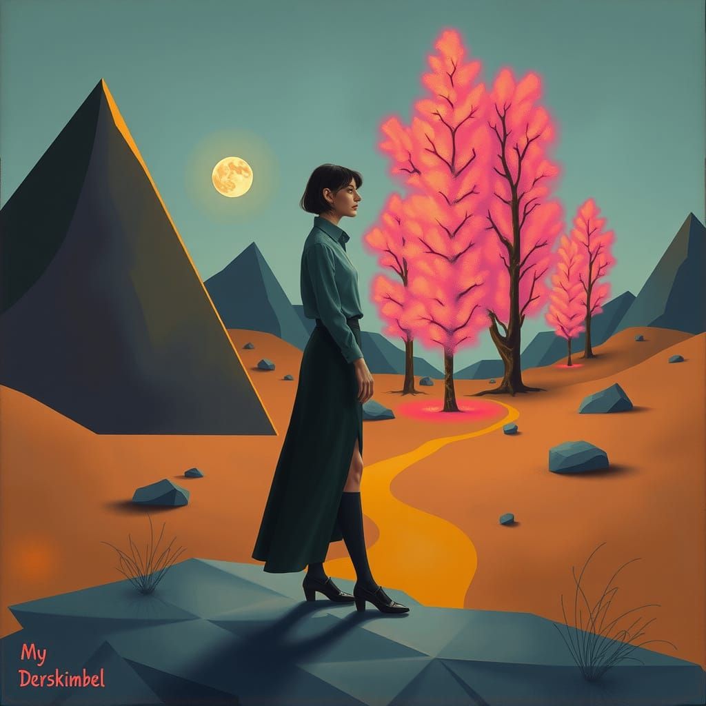 Surreal Precisionist Landscape with Geometric Forms