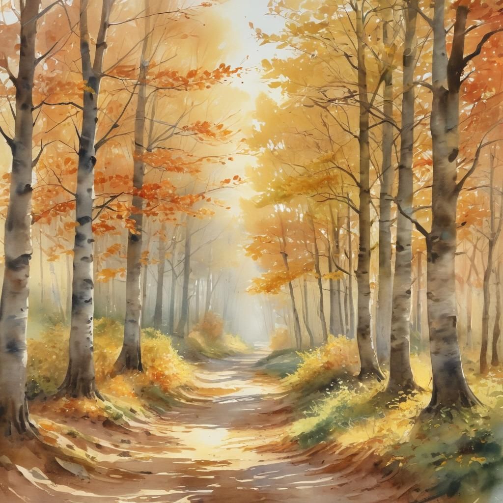 Watercolor Autumn Landscape with Sunlight and Vibrant Trees
