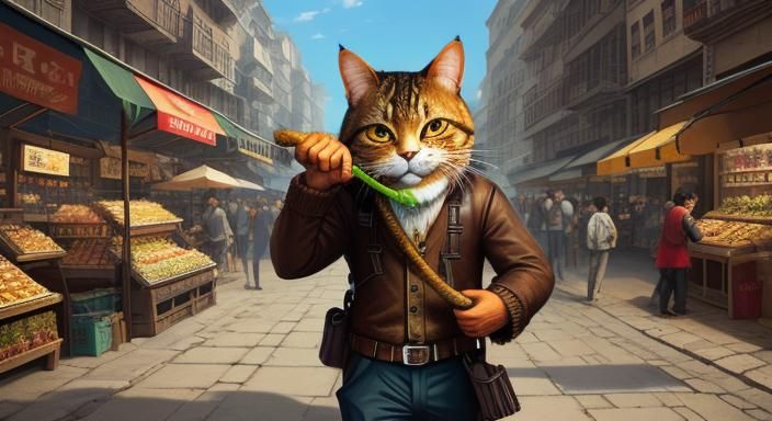 a cat carrying a fish in its mouth, popular on art station, ...