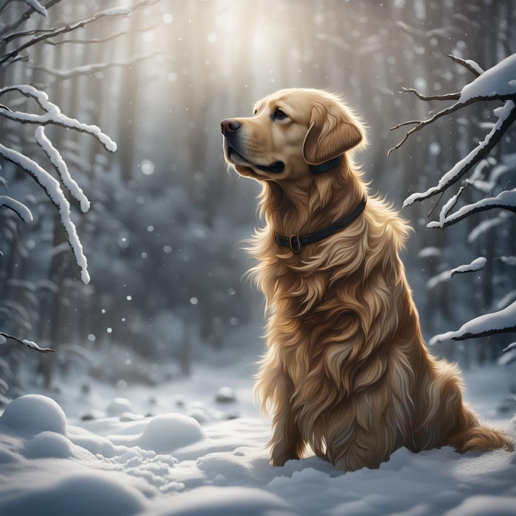 Golden Retriever in Snowy Fantasy Landscape