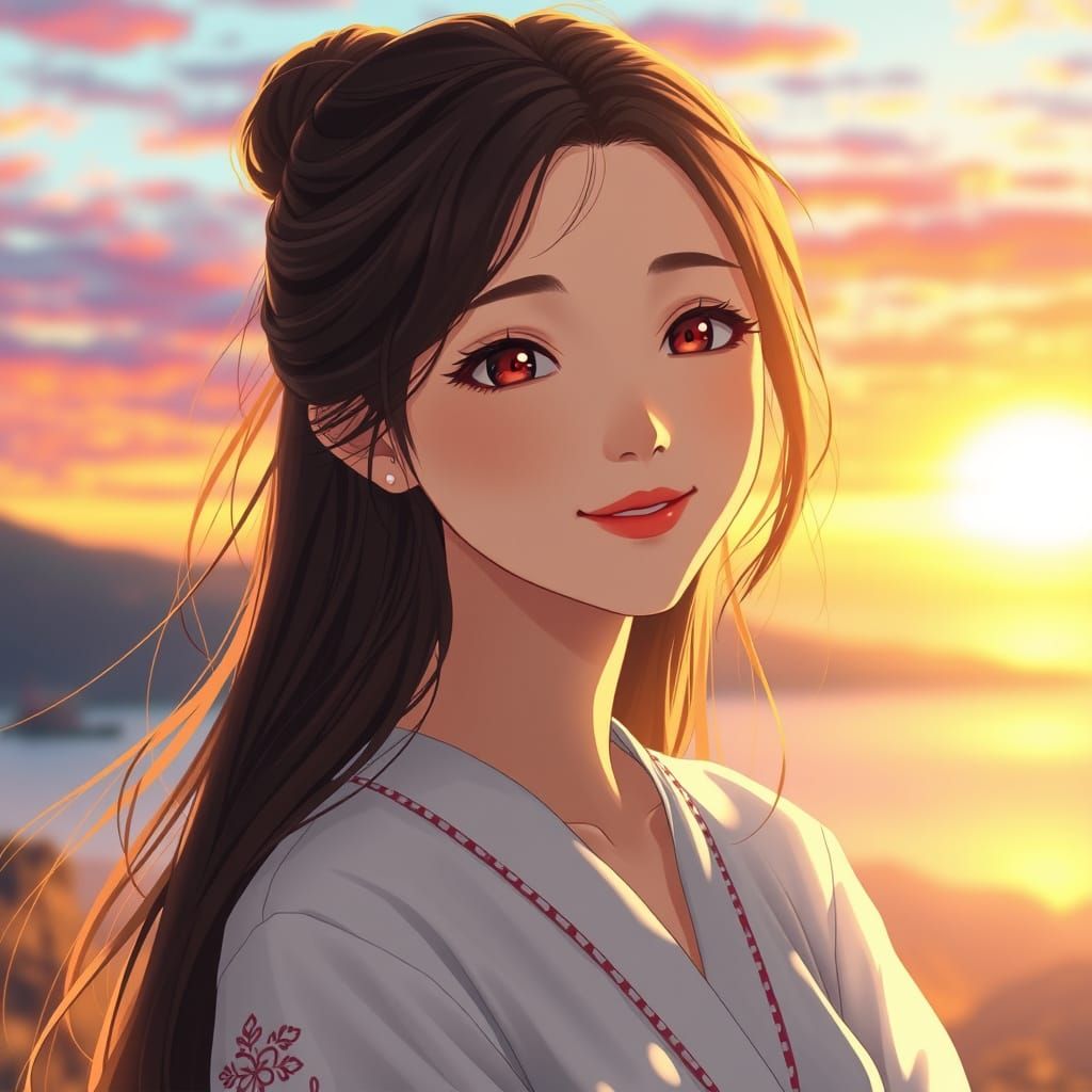 Woman in Sunset Glow with Elegant Makeup