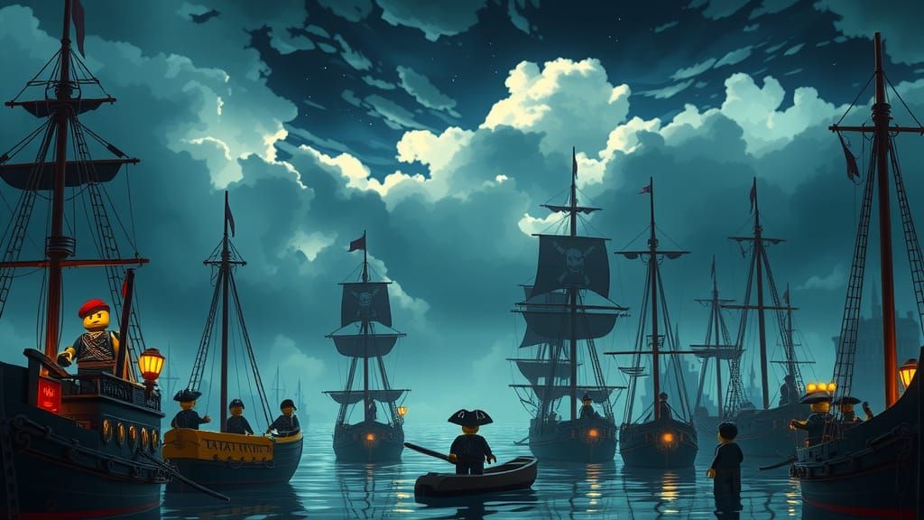 Lego Pirates Gather in Tense Harbor of Broken Mast Bay