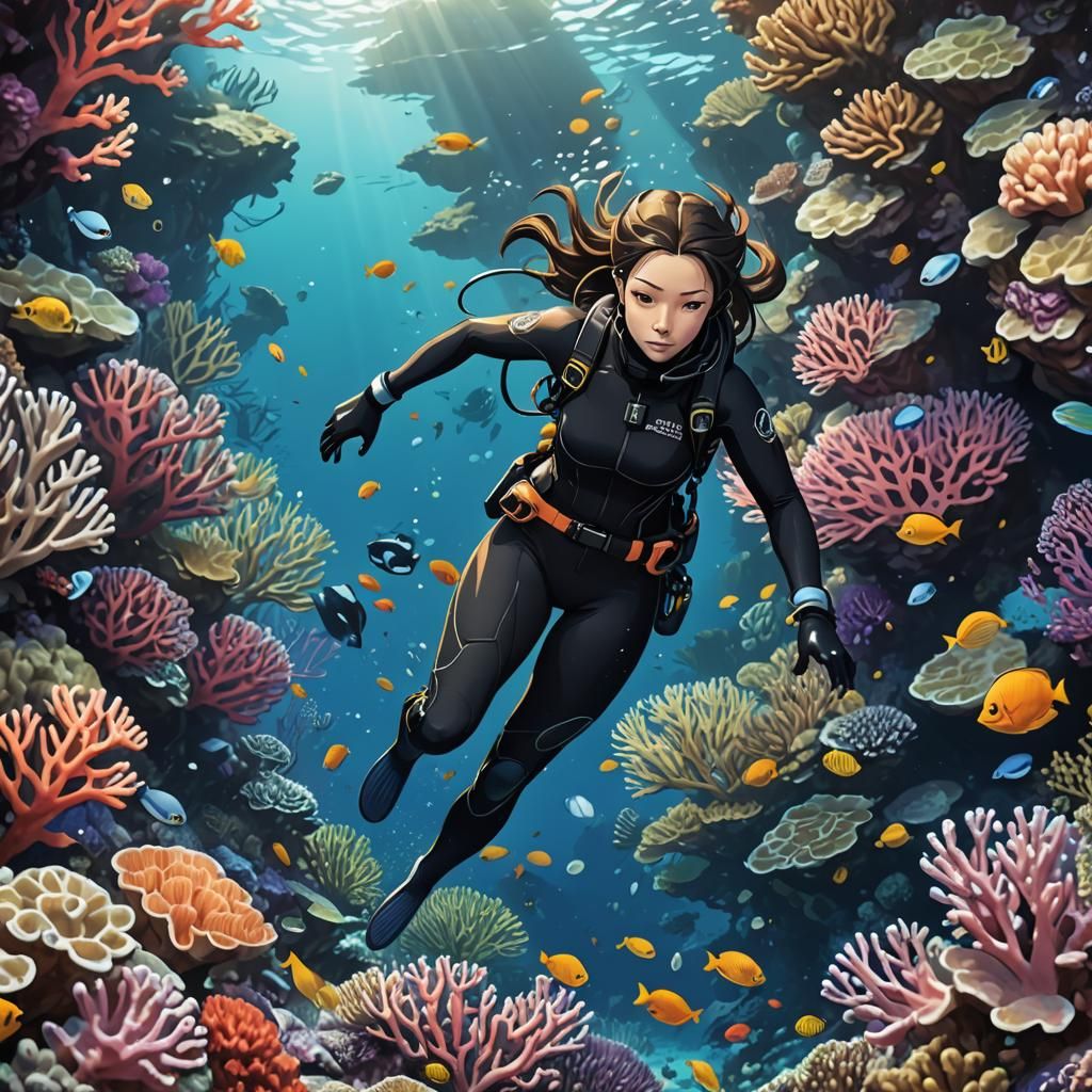 Scuba Diver in Coral Reef: Anime Style
