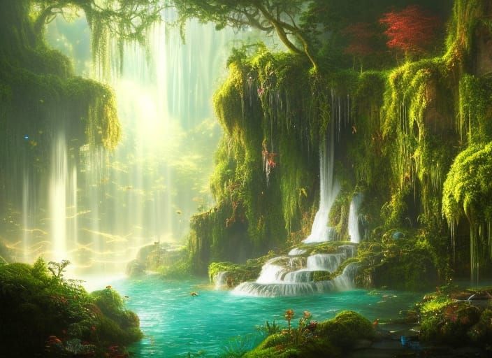 Surreal Fantasy Castle Amidst Tropical Waterfall Wonderland