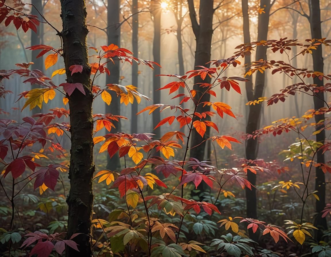 Vibrant Autumn Forest at Dawn in Ultra-Realistic Photography
