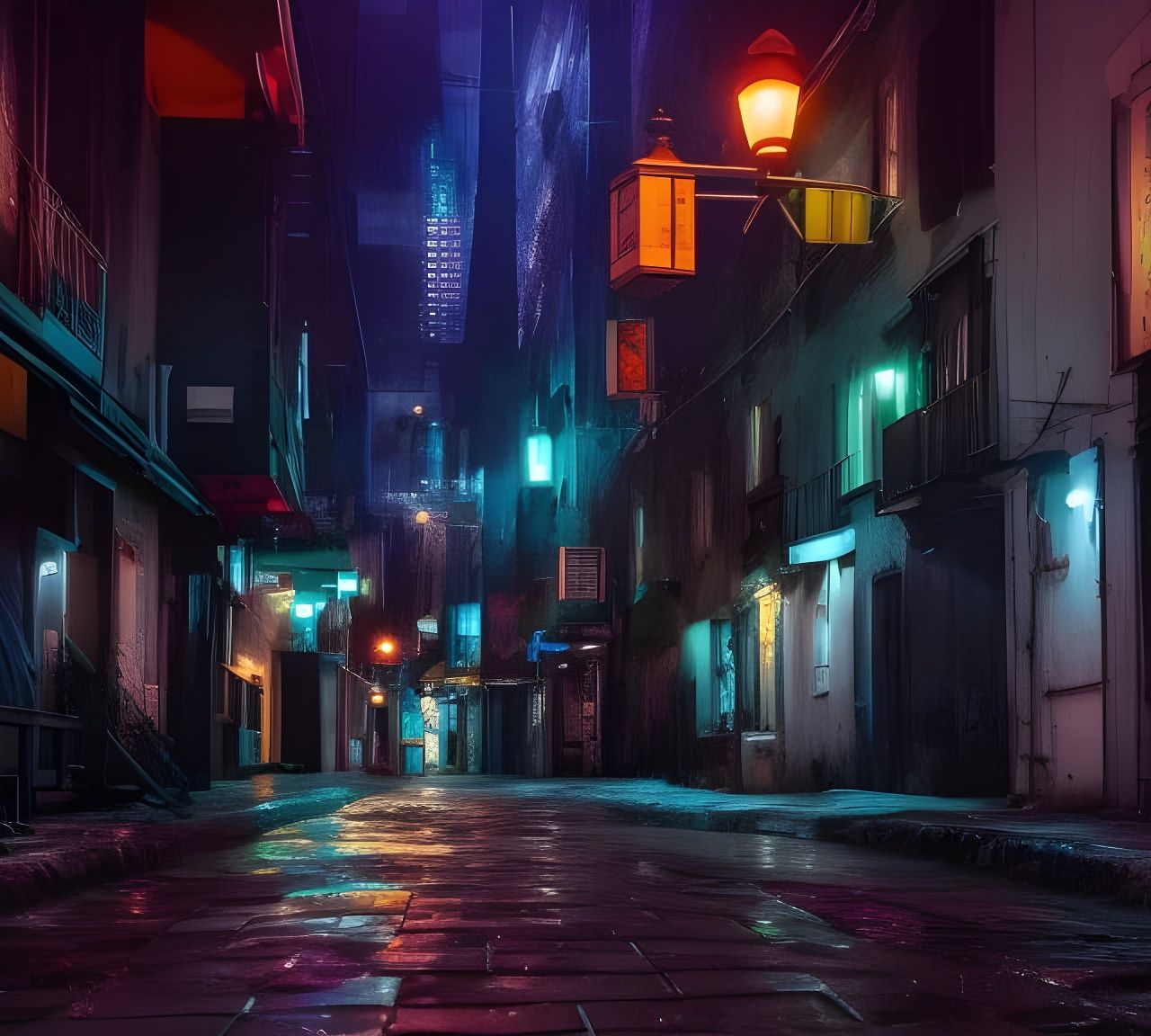 Eerie Rainy Alley with Ghosts and Neon Lights