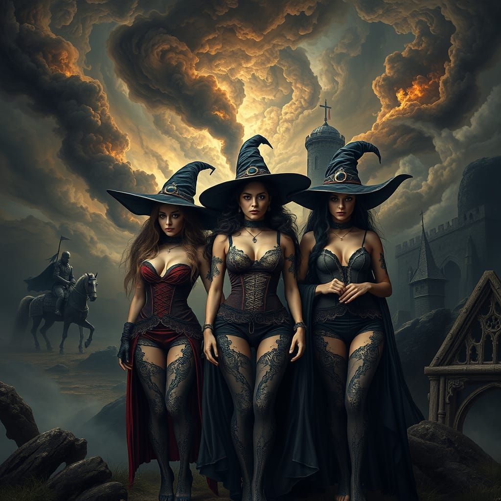Witches, Castle, and Headless Knight in Gothic Surrealism