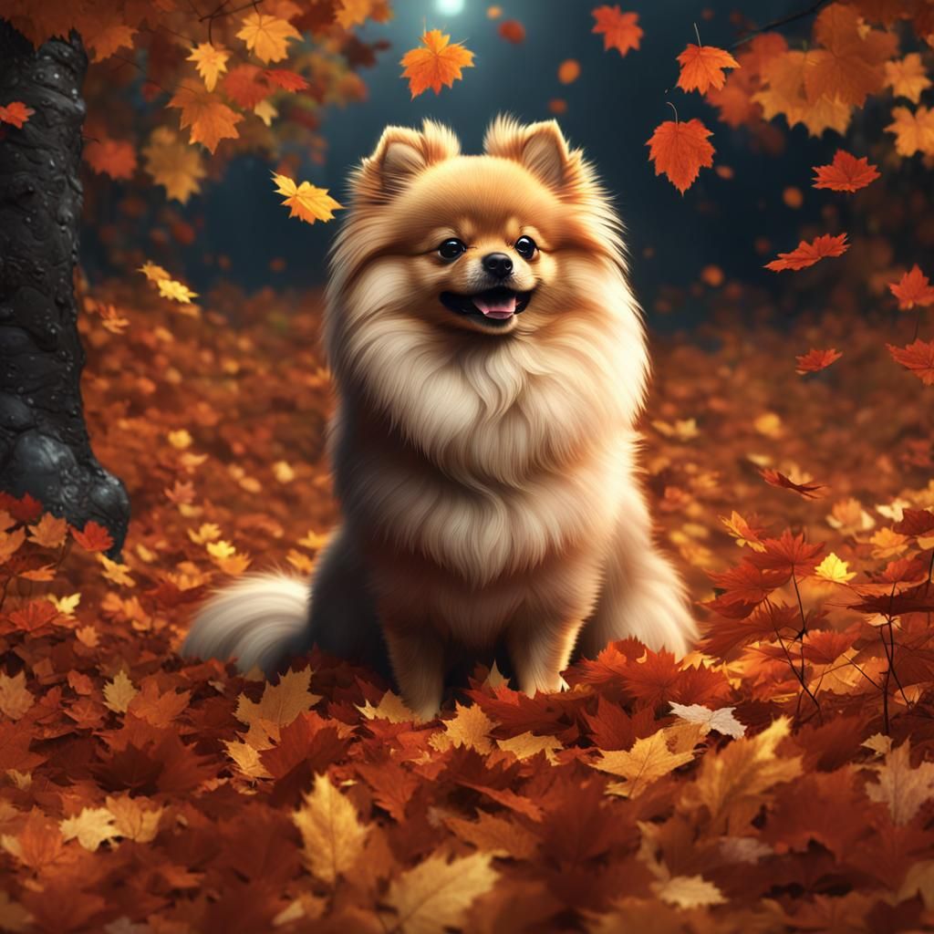 Pomeranian in Autumn Leaves: Fantasy Concept Art
