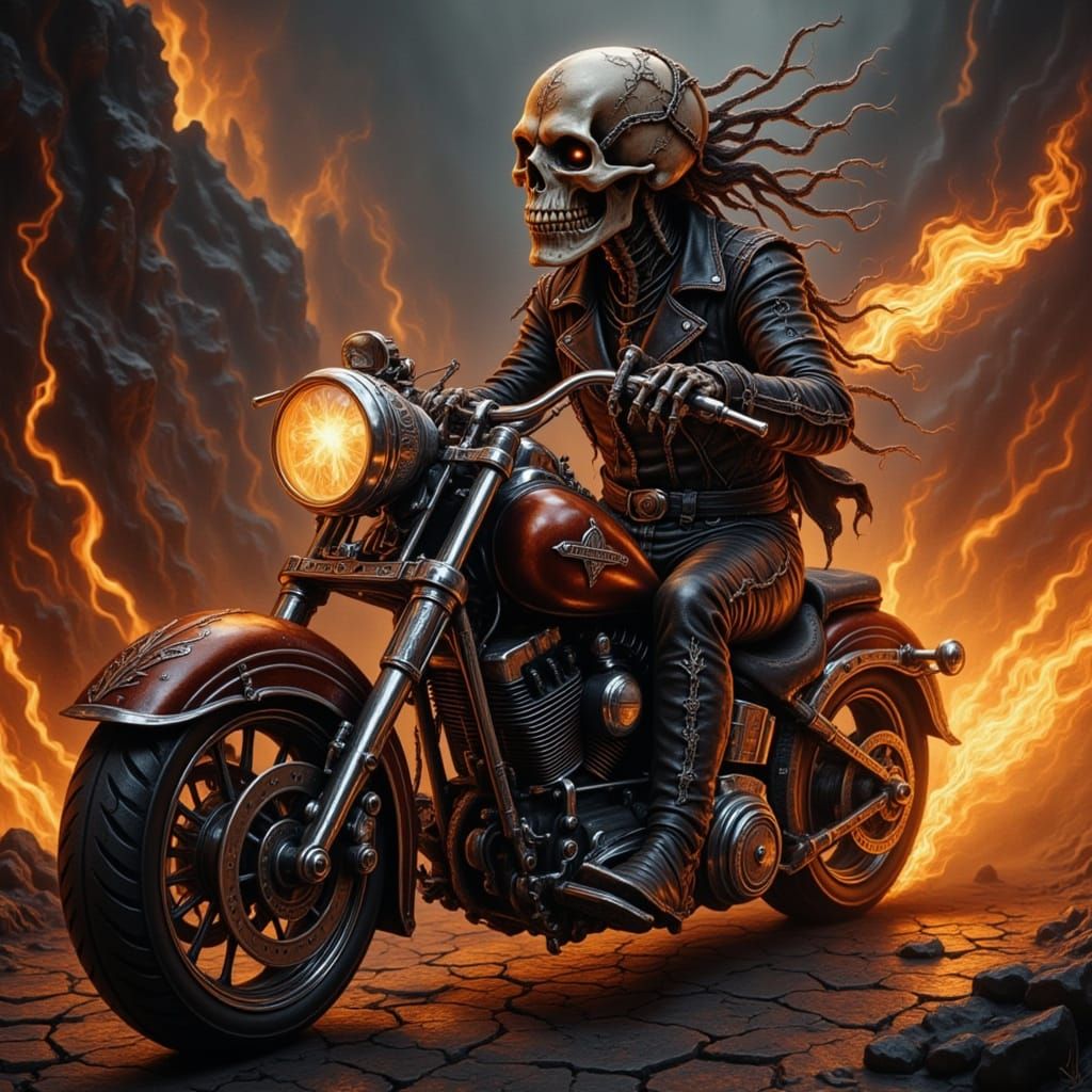 Skeletal Rider Blazing Out of Hell on a Chopper
