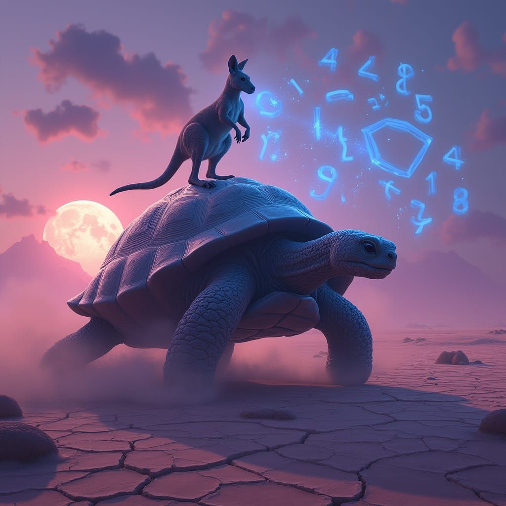 Giant Tortoise and Kangaroo Race in Alien Desert