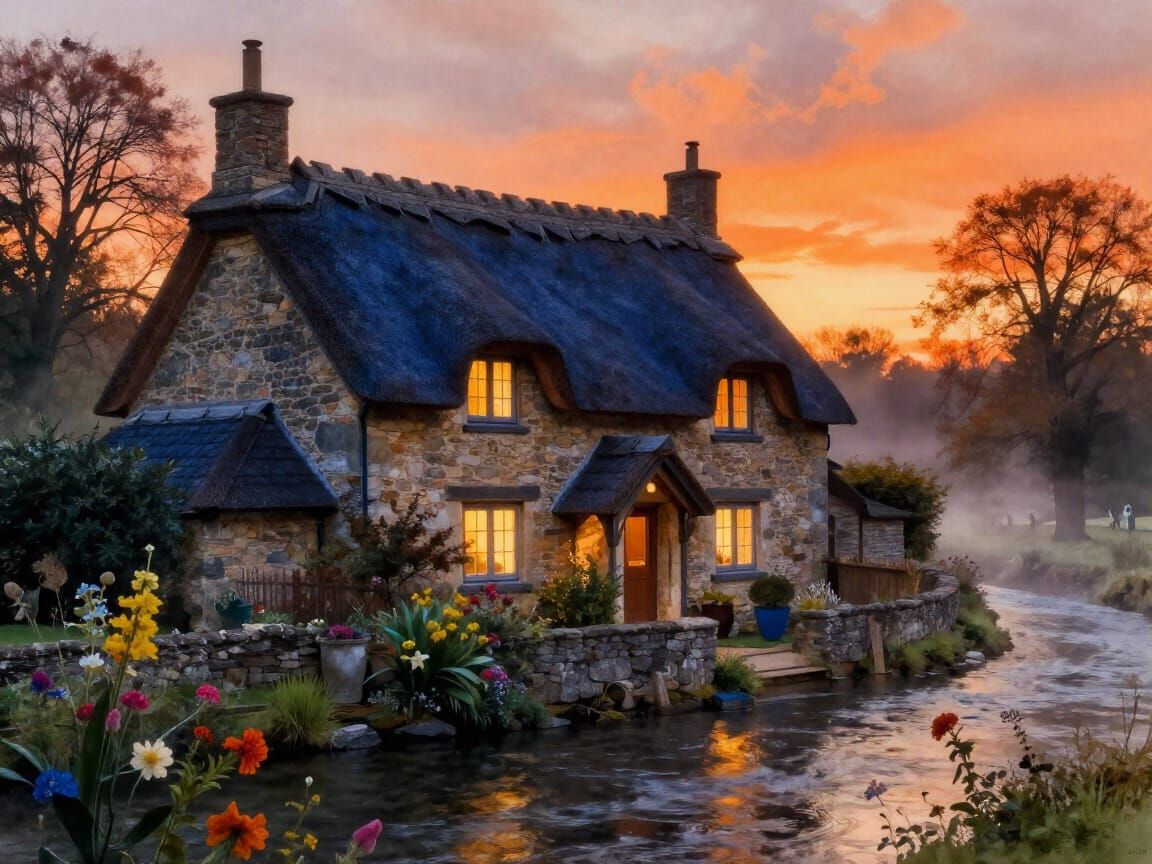 Cozy Autumn Cottage by Misty River at Sunset, Watercolor Sty...