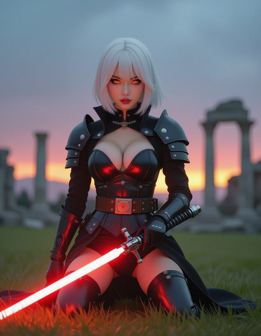 Asian Woman with Lightsaber in a Stormy Landscape