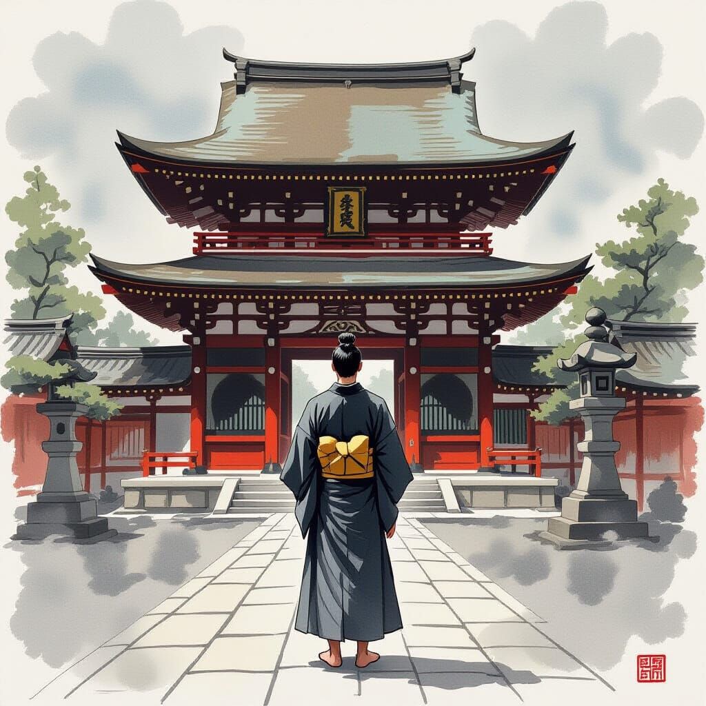 Serene Shinto Priest at Japanese Temple