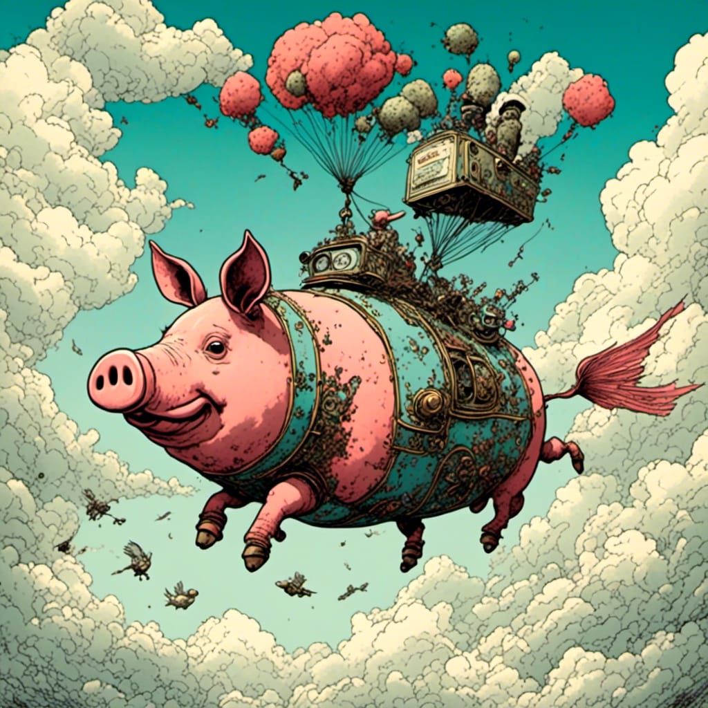 Adorable Robot Flying Pig in the Clouds