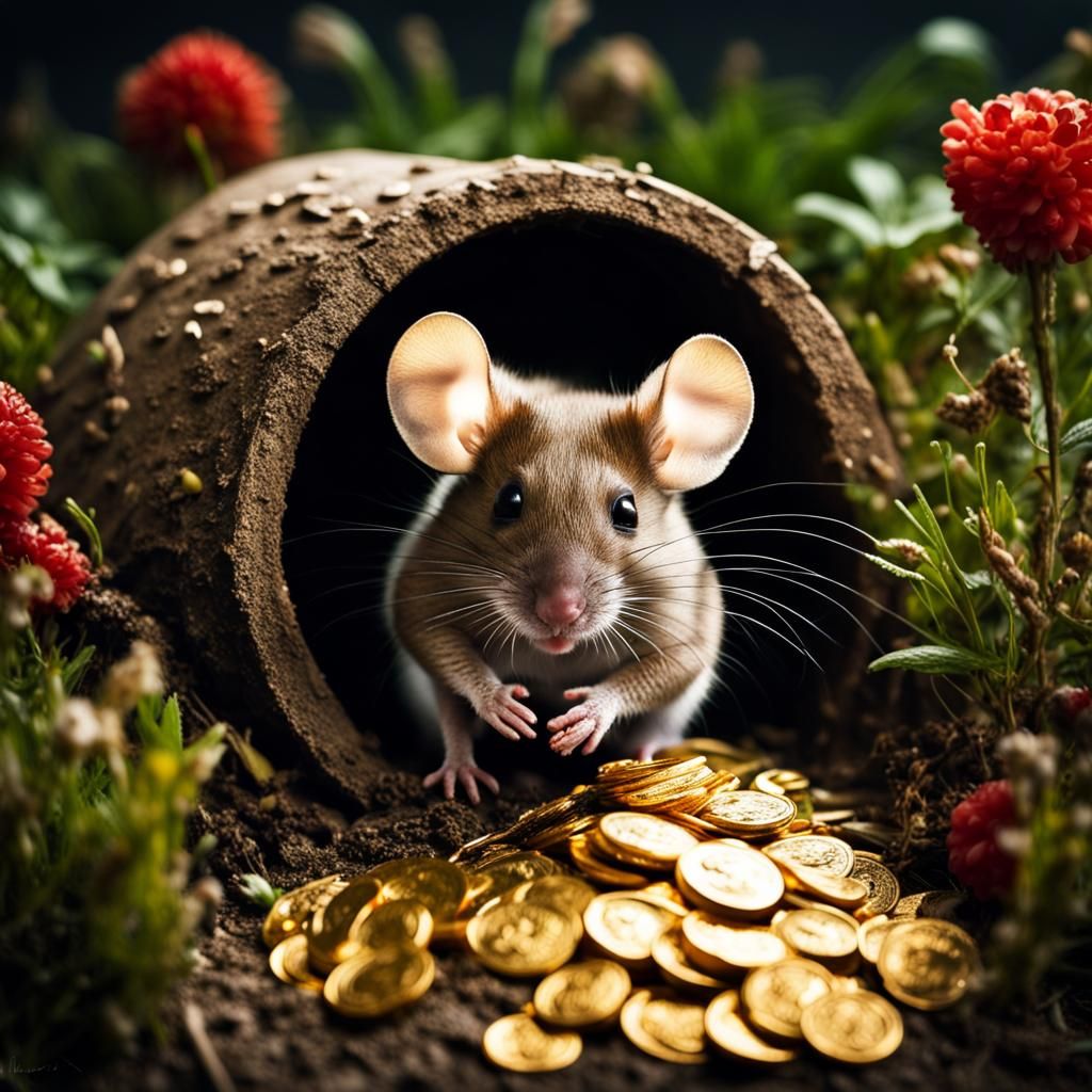 Mouse with Gold Coins in Hole