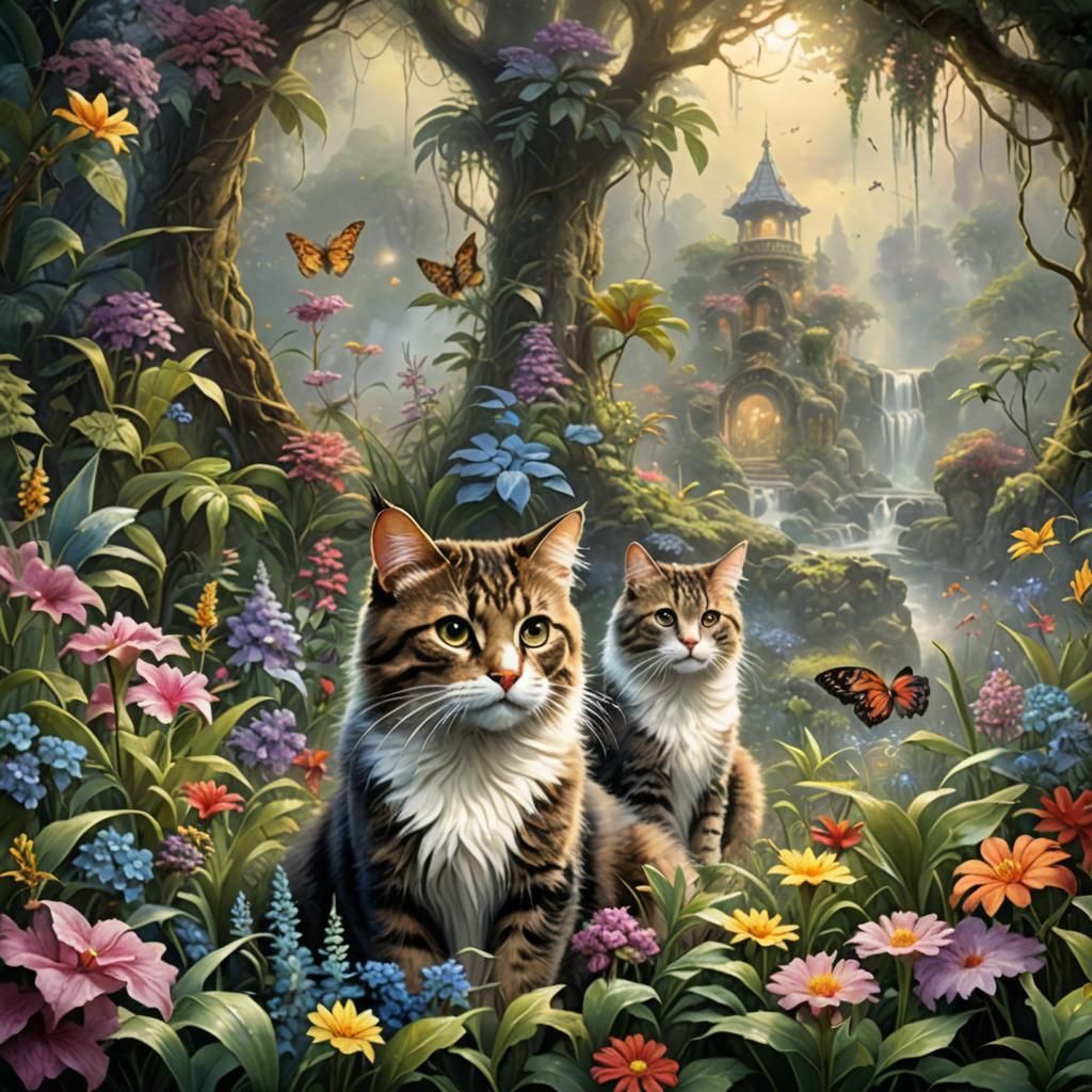 Ethereal Jungle Cat Home with Wildflowers