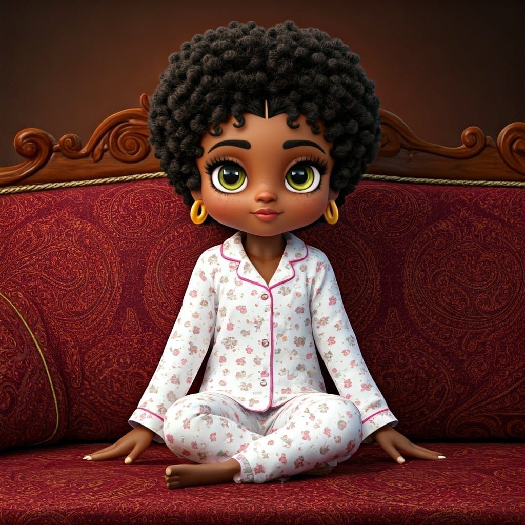 Pixar-Inspired Nubian Girl in Whimsical Cartoon Pajamas