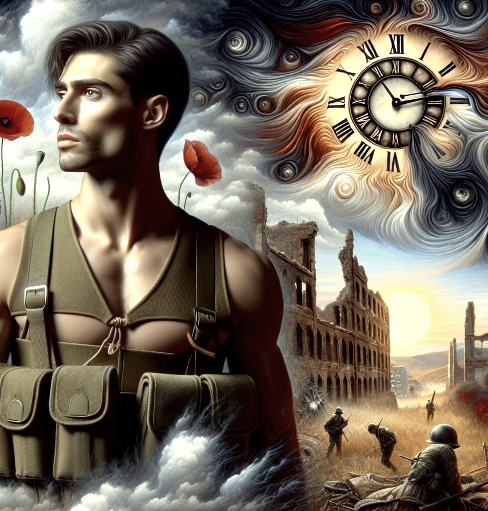 Surreal Soldier in Ruined City with Melting Clock