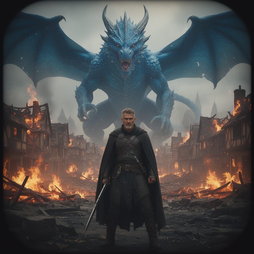 Blue Dragon Over Fire Ravaged Town With Battle-Worn Rogue