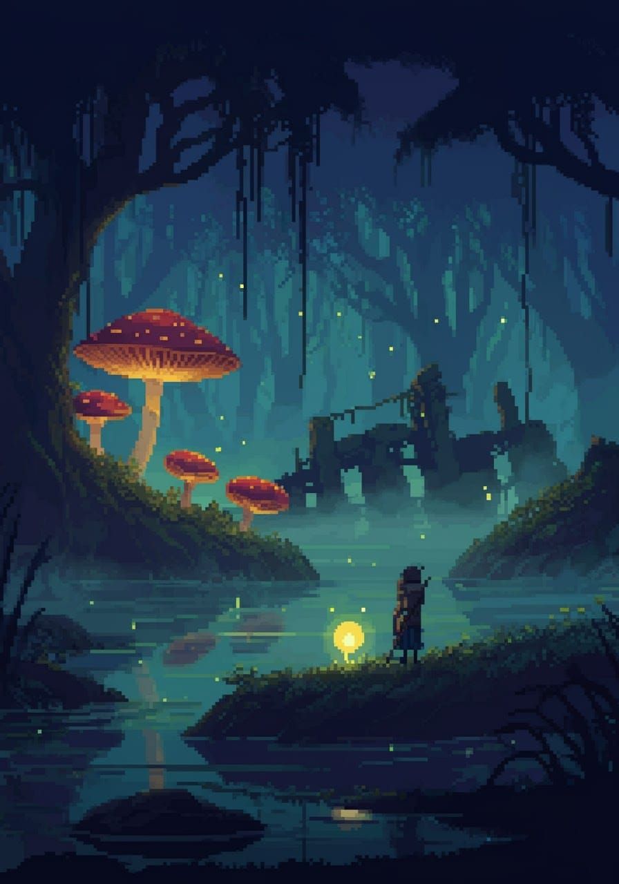 Eerie Swamp with Giant Mushrooms in Pixel Art