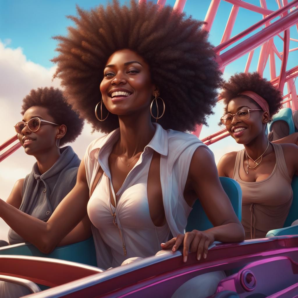 Joyful Afro Woman on Rollercoaster, Detailed Portrait