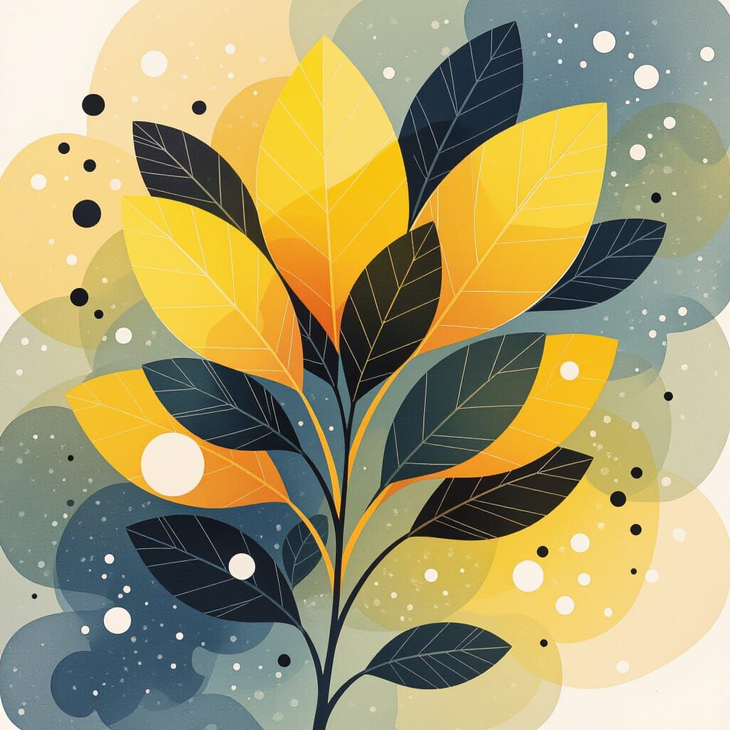 Abstract Watercolor Leaves with White Paint Droplets