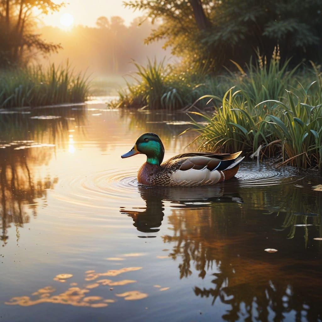 Duck Swims in Pond at Sunrise: Watercolor Painting