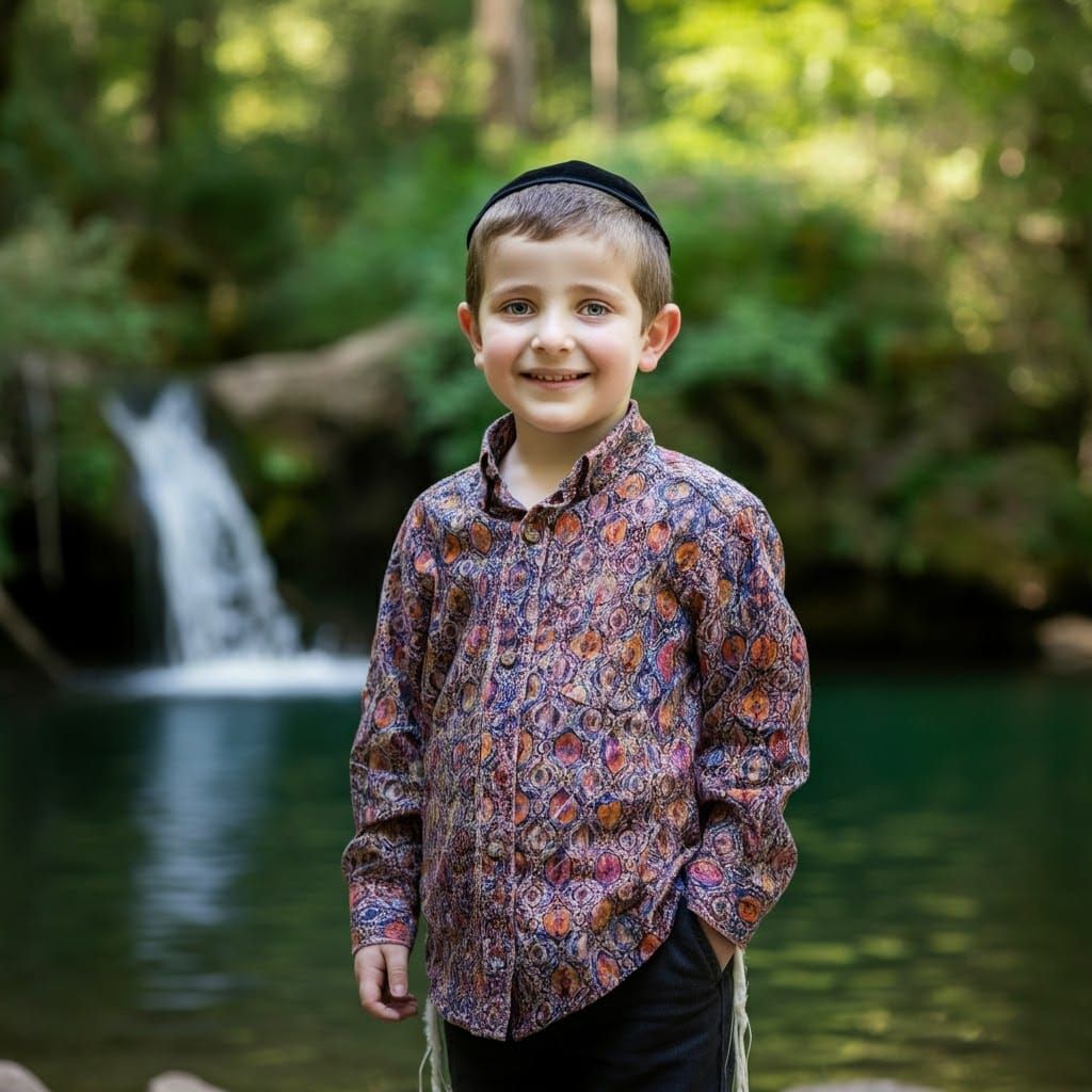 Serene Portrait of Young Ultra-Orthodox Boy in Lakeside Land...