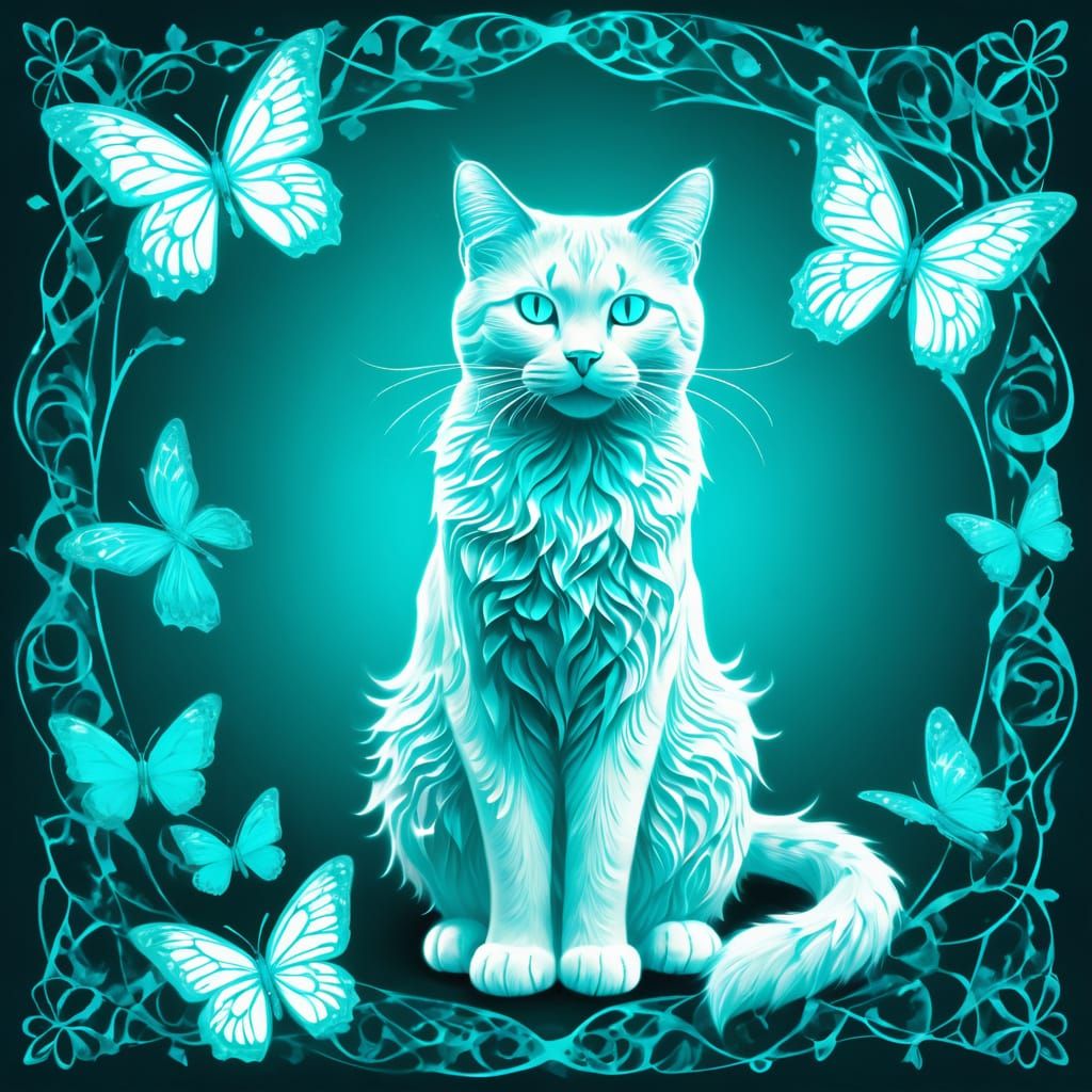 Ethereal Turquoise Cat with Filigree Pattern and Butterflies