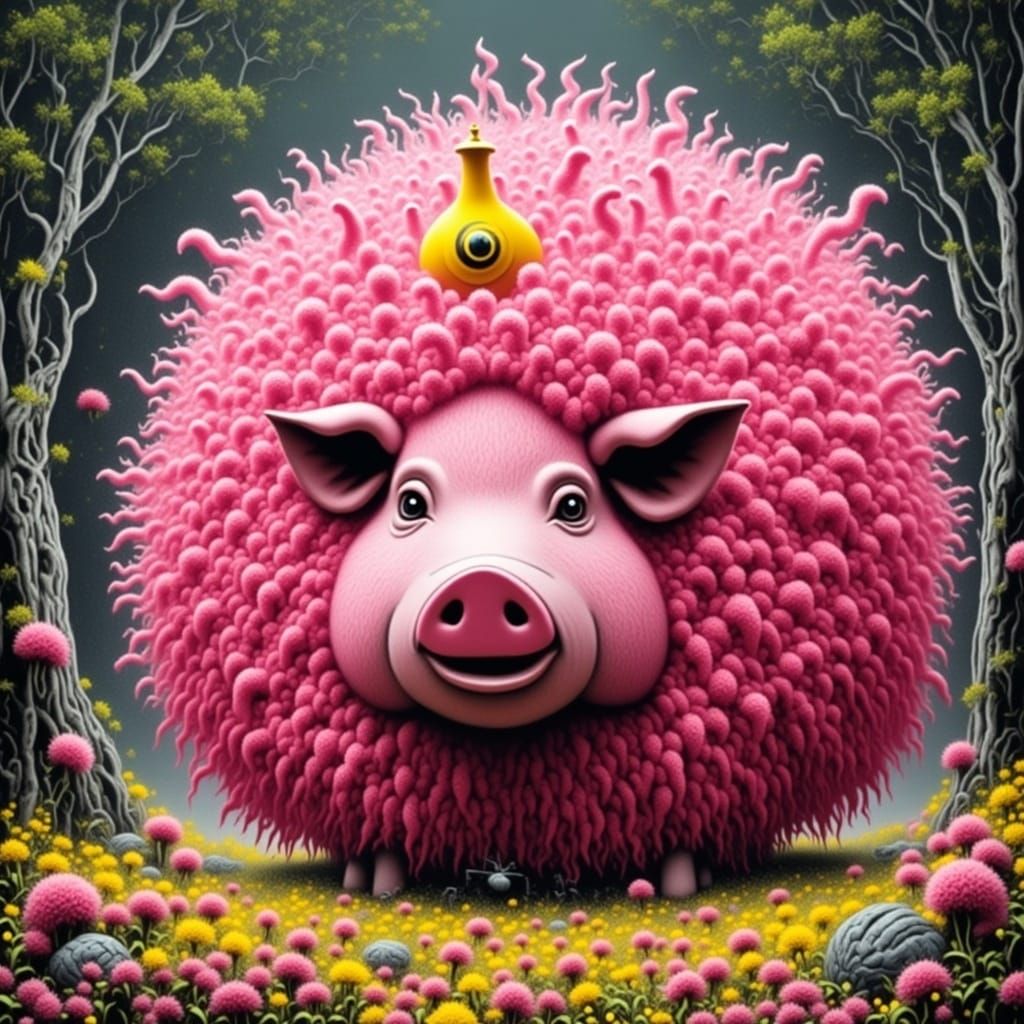 Giant Pink Wooly Pig in Pop-Surrealist Fairytale