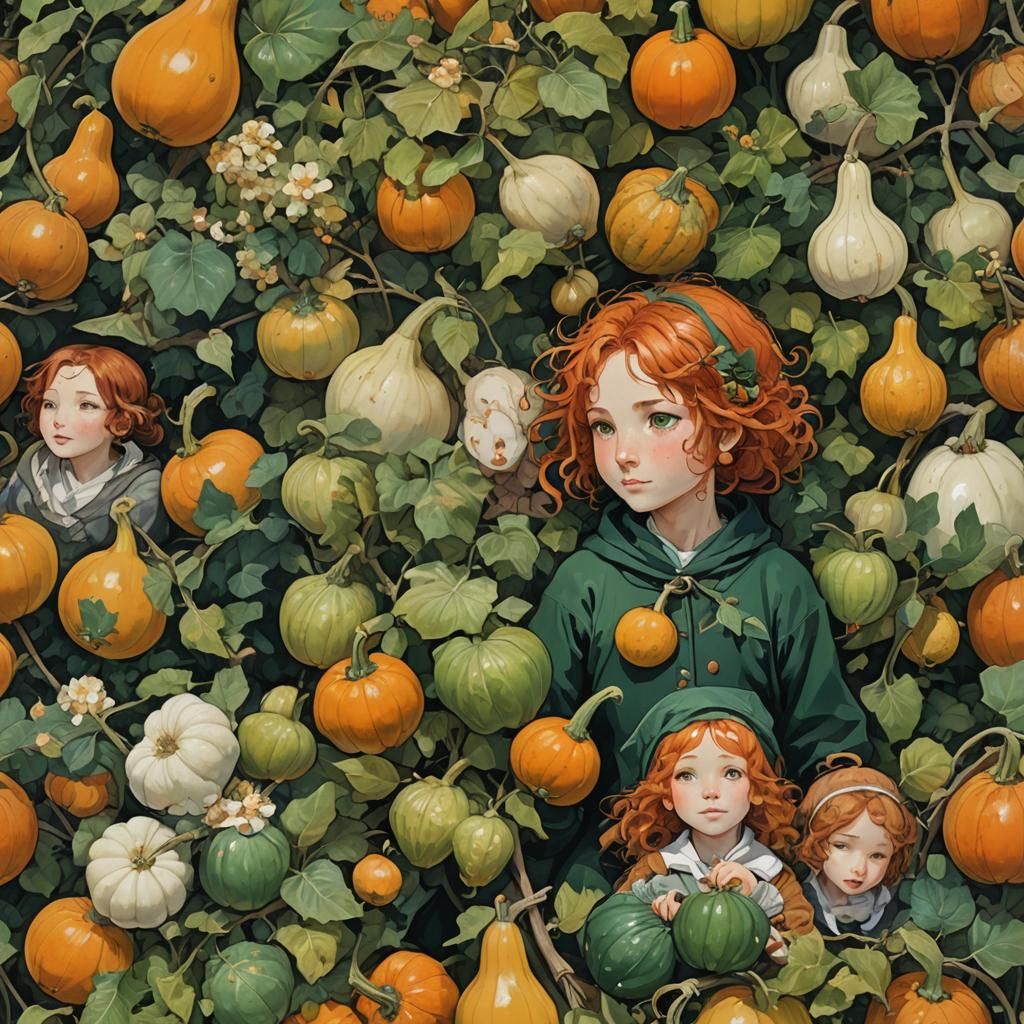 Smiling Woman with Gourds in Moebius Style