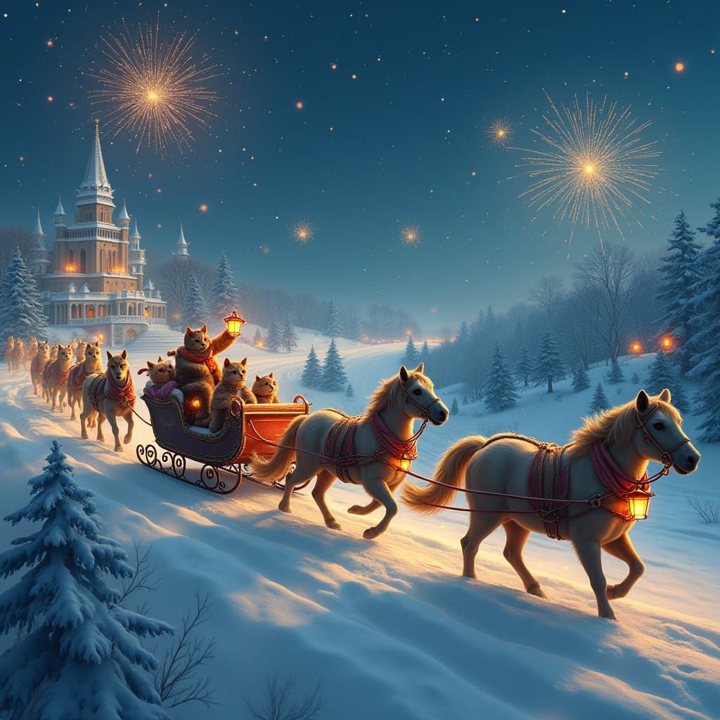 Whimsical Victorian Cats Celebrate New Year's Eve in Snowy F...