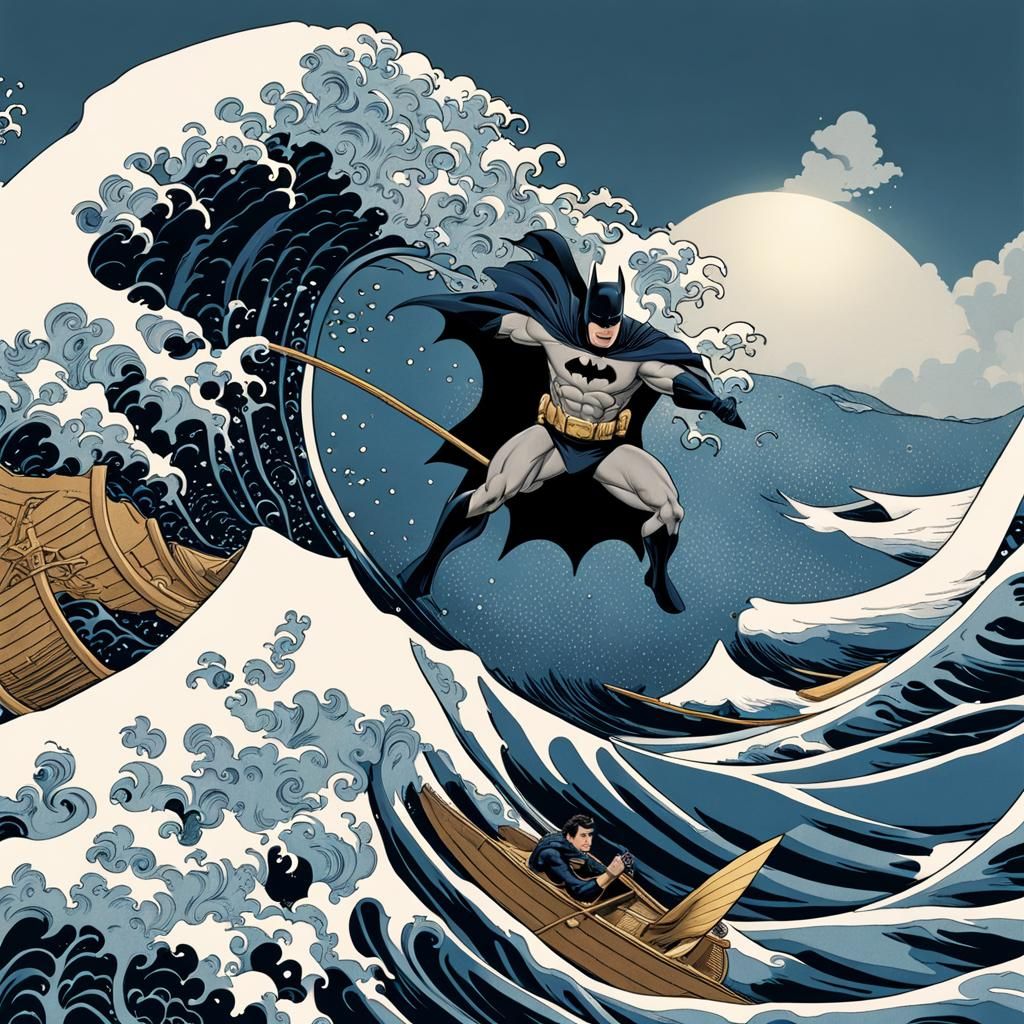 Batman Rides a Great Wave: Hyperrealistic Portrait