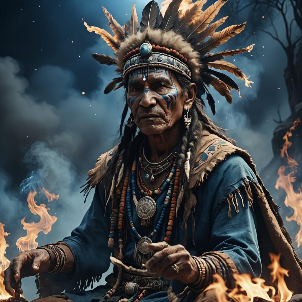 Indian Shaman Summons Spirit in Dark Fantasy 3D Render